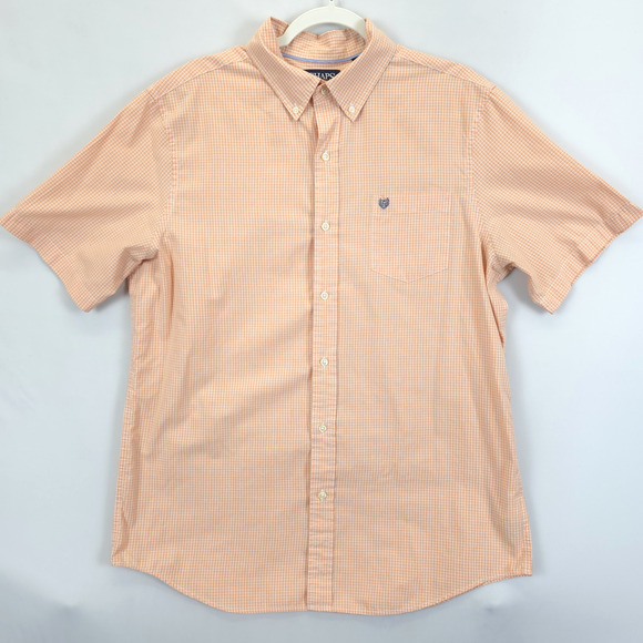 Chaps Button Down Shirt Plaid Men L Easy Care Short Sleeve Pocket Peach Causal - Picture 1 of 10